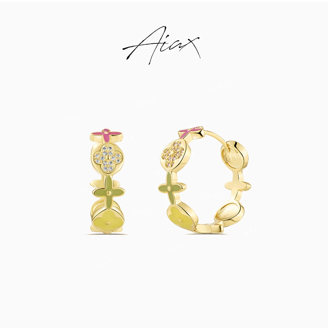 AIAX 镀K金 轻奢气质简约彩色珐琅老花百搭圈圈耳环TSL938