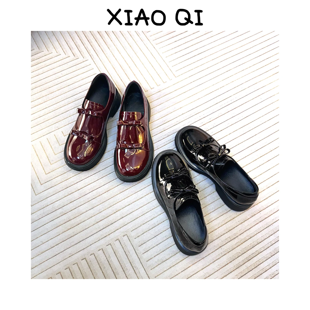 XIAOQI羊皮法式蝴蝶结低跟平底乐福鞋时尚百搭圆头真皮女鞋英伦风