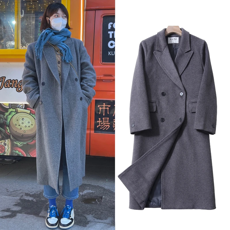 【奕奕专属】小个子羊毛灰色正肩毛呢外套女秋冬长款高级感呢子大衣