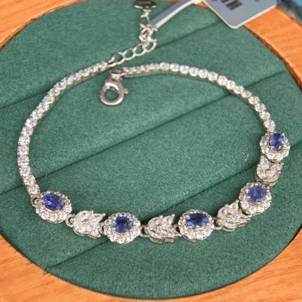 S925银镶嵌天然蓝宝石手链精工镶嵌5粒高品质蓝宝石