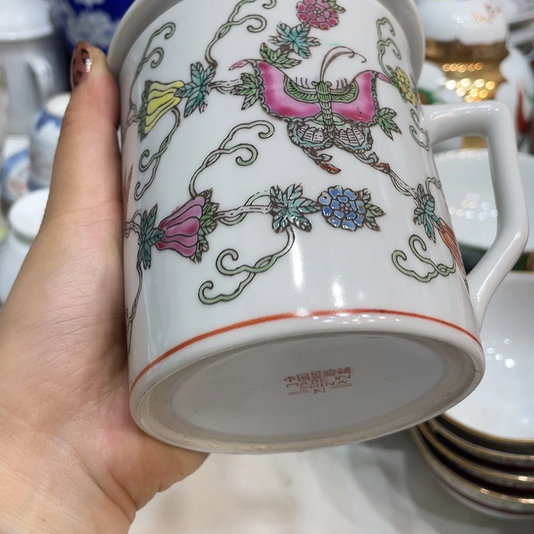 瓷片景德镇粉彩白瓜碟办公杯