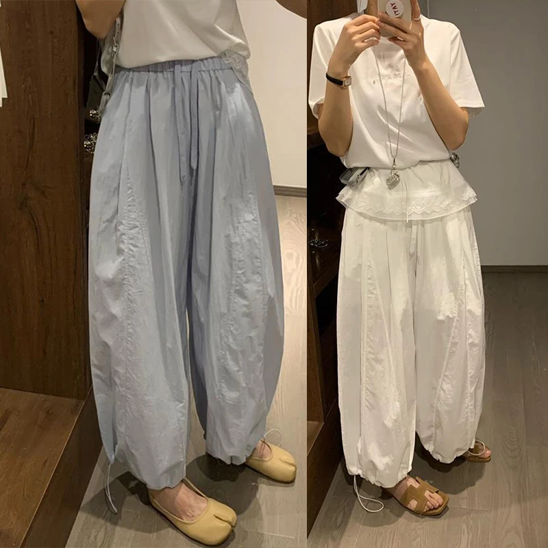 夏季新款韩版宽松显瘦百搭休闲裤女高腰阔腿九分裤抽绳两穿花苞裤