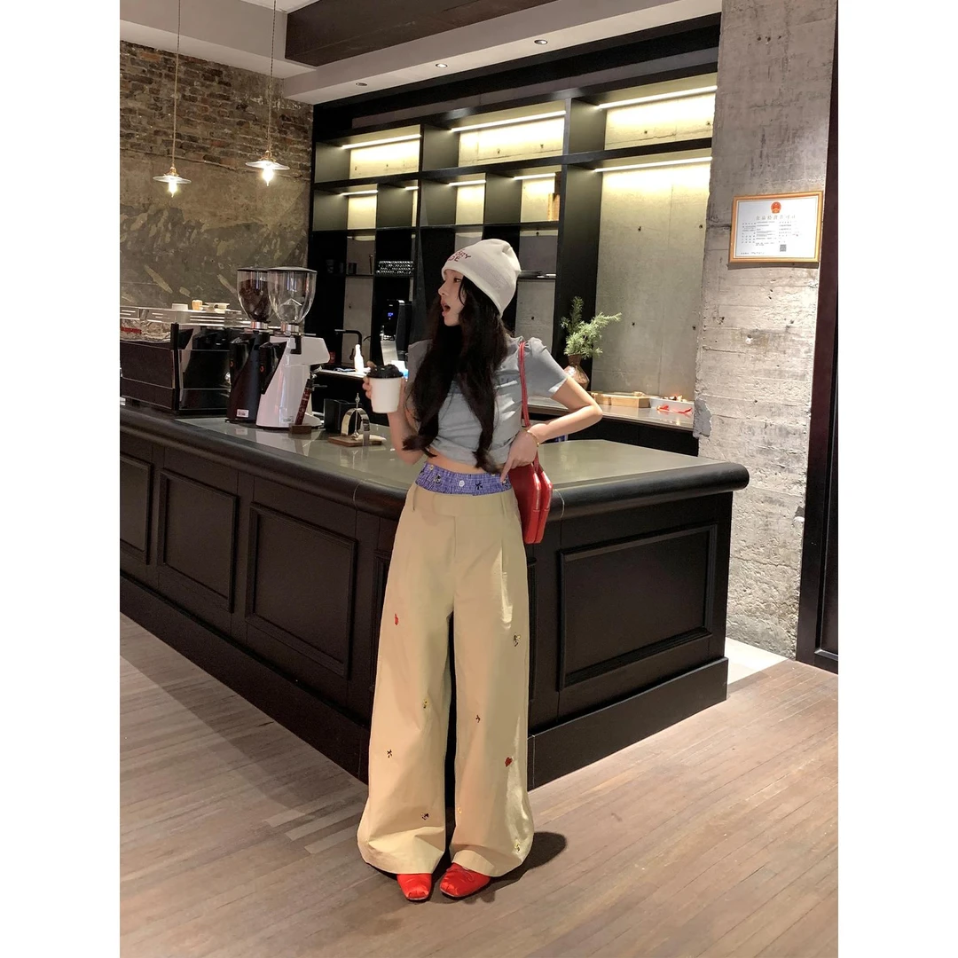 区区欧阳 绣花假两件休闲裤女春季直筒阔腿裤复古工装裤宽松裤子