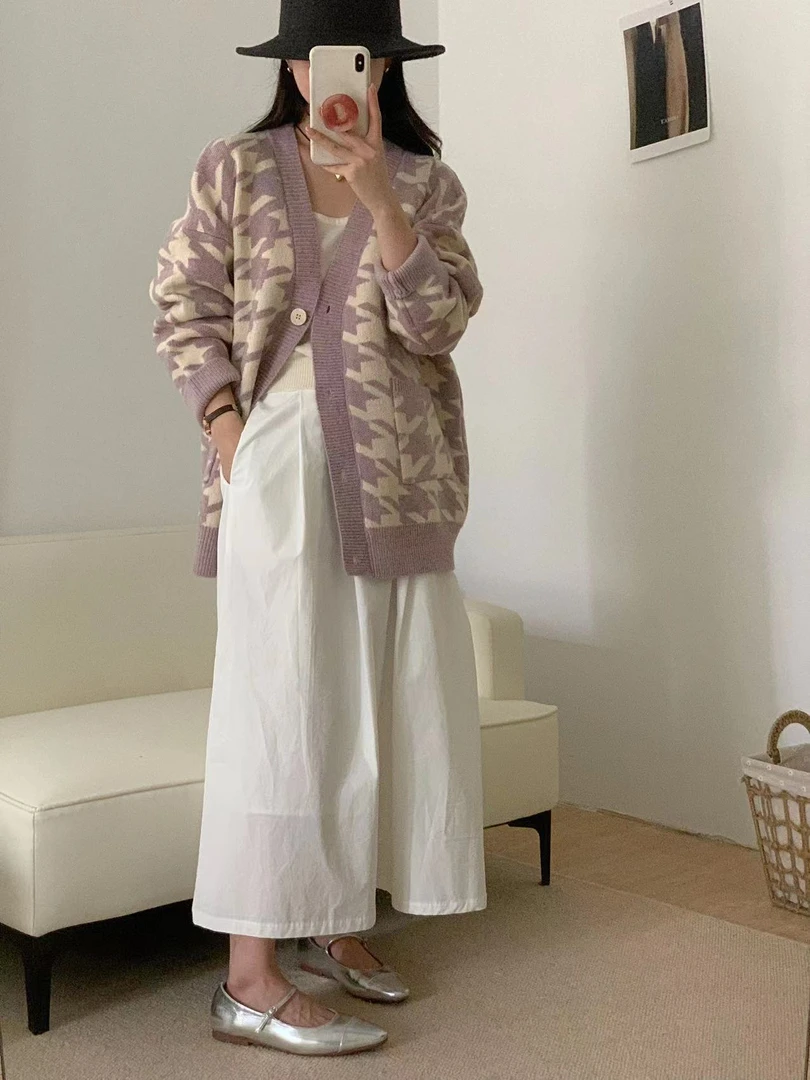 【双节大促】慵懒风千鸟格毛衣开衫口袋长袖纽扣宽松通勤外套