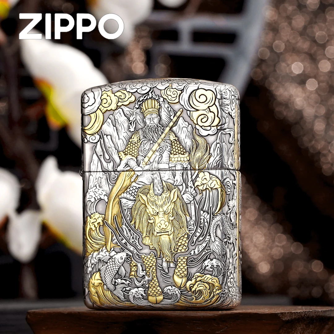 zippo打火机正品/镀银鎏金闻仲五面雕刻收藏送礼男士防风DYJ1