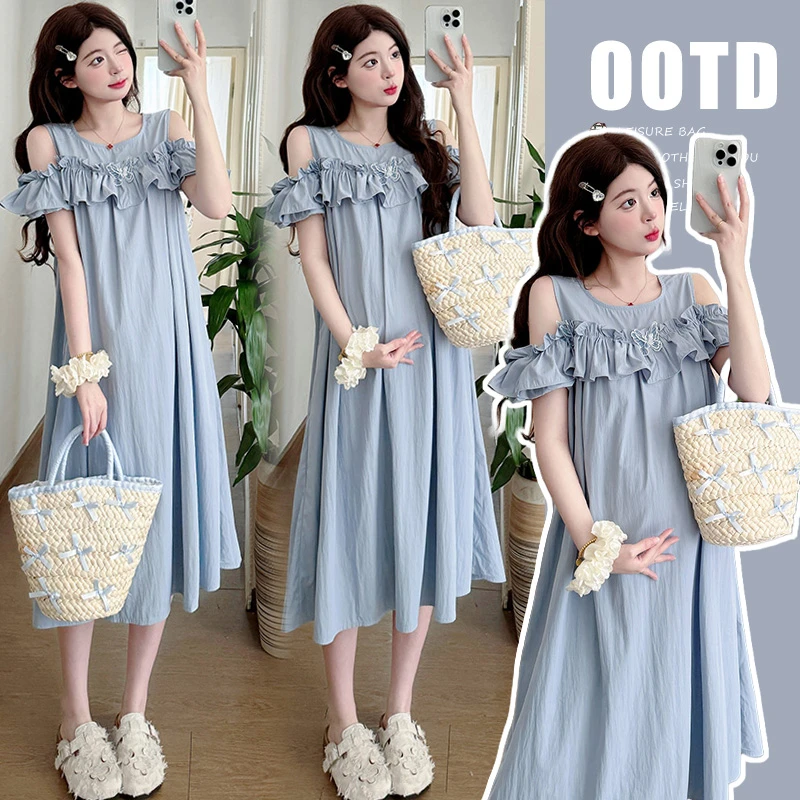 孕妇装蓝色露肩连衣裙女夏高级感气质宽松微胖遮肚显瘦木耳边长裙