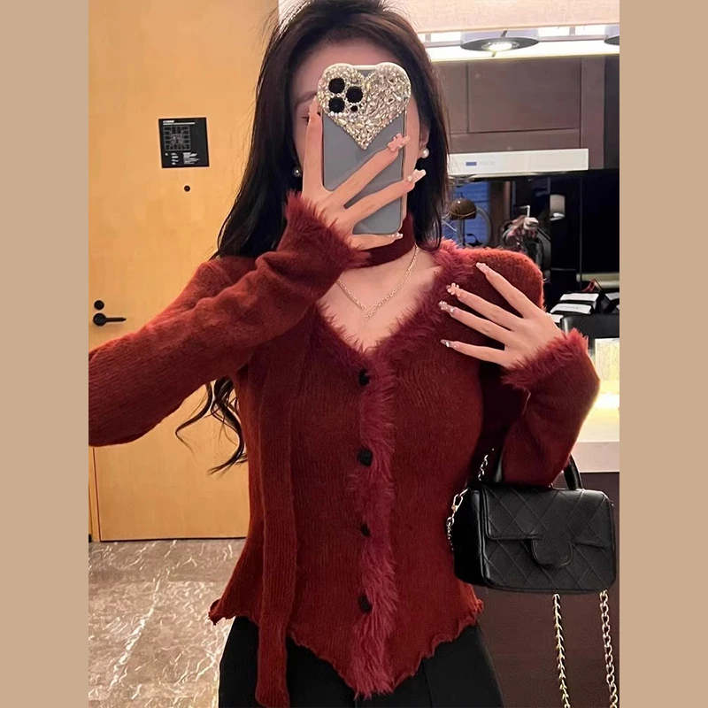 新年红色挂脖v领毛衣打底衫女秋冬别致绝美修身掐腰红色针织上衣