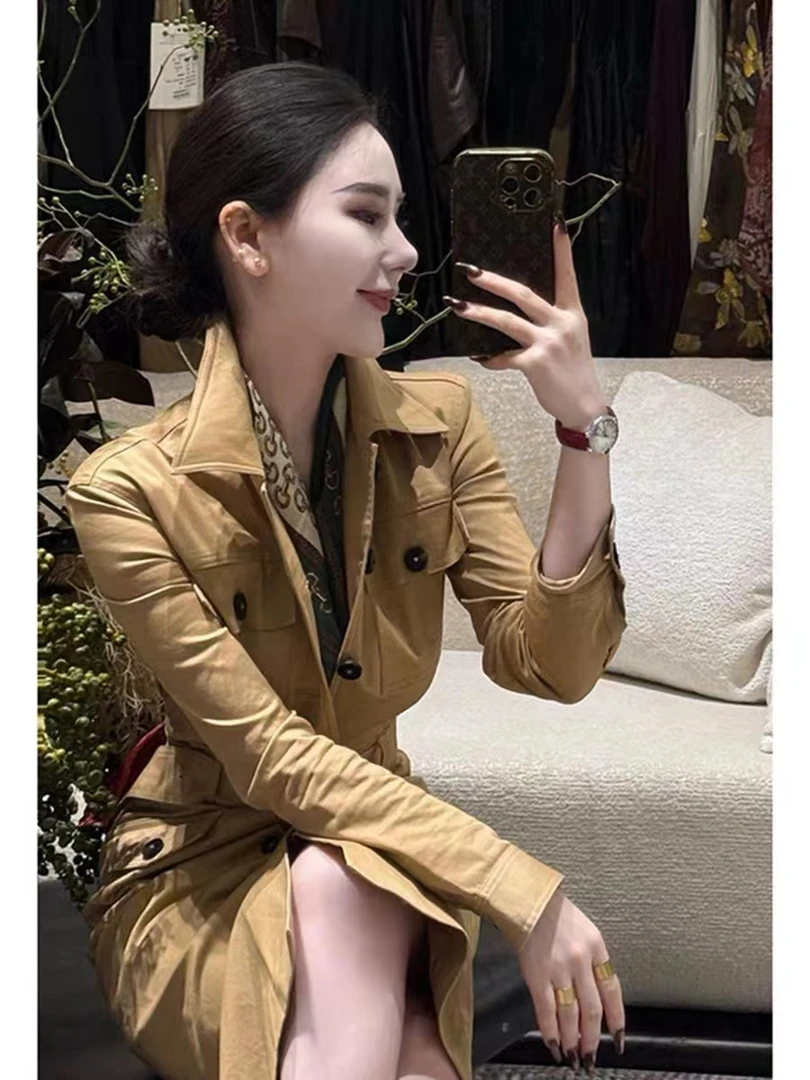 欧洲站2025秋季新款时尚长袖方领单排扣腰带洋气风衣连衣裙3654