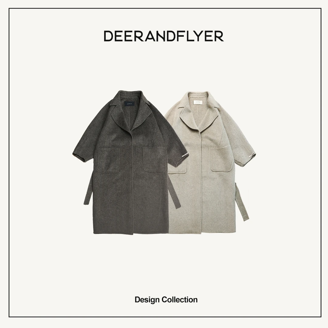 鹿与飞鸟“默拉湖畔”高智系带收腰长款绵羊毛双面呢大衣外套D063