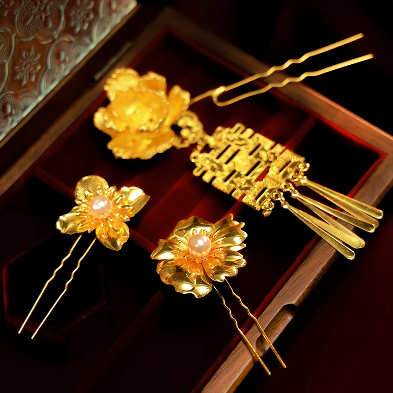 合金婚庆饰品 新娘头饰花朵双喜流苏发钗龙凤褂新中式发饰MT0246