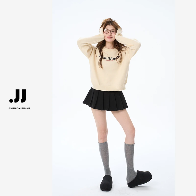 【首尔女孩】秋季新款宽松纯色百搭休闲复古字母针织毛衣女Y3652