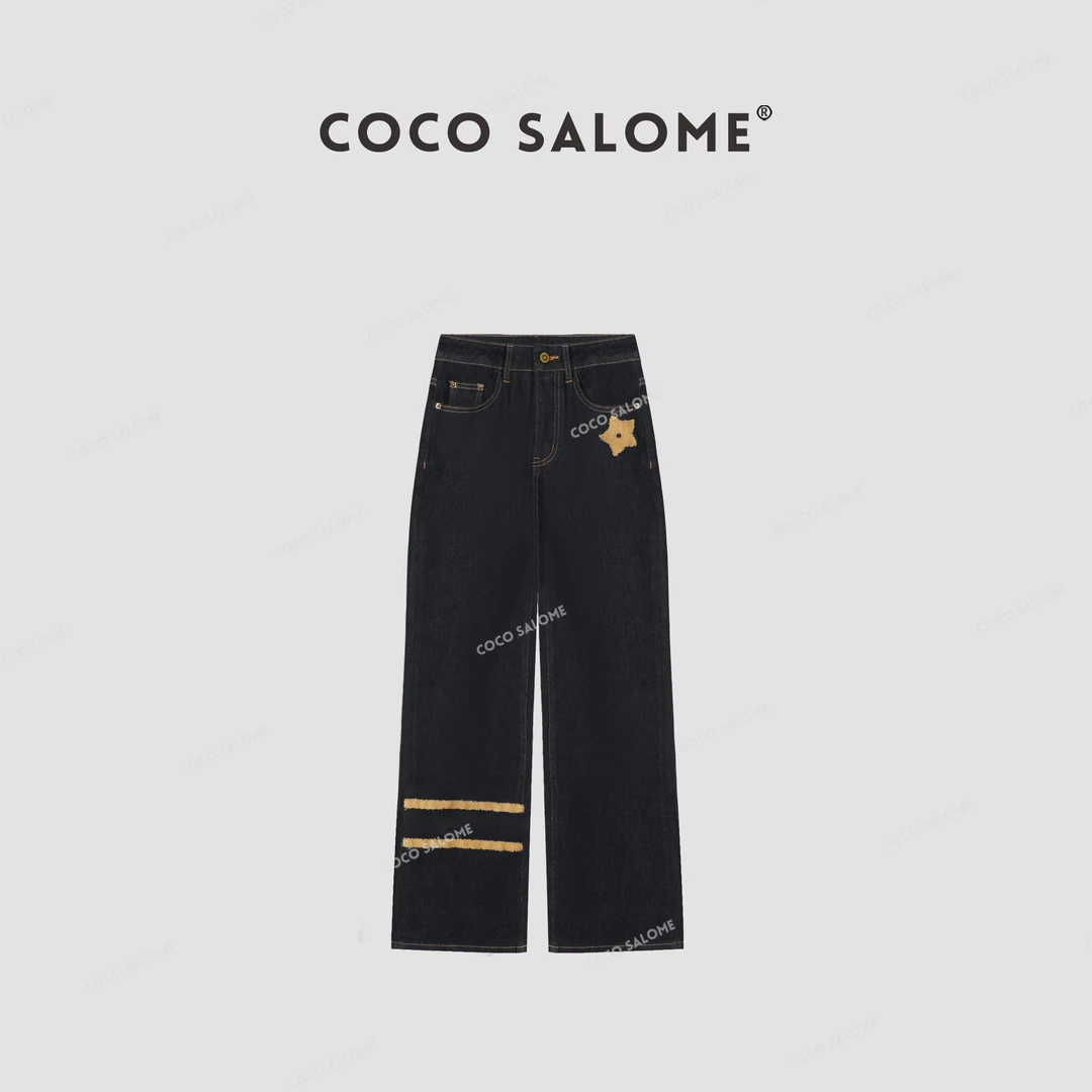 COCO SALOME｜韩彬彬"星星牛仔"加绒毛巾绣百搭显瘦直筒牛仔裤0489
