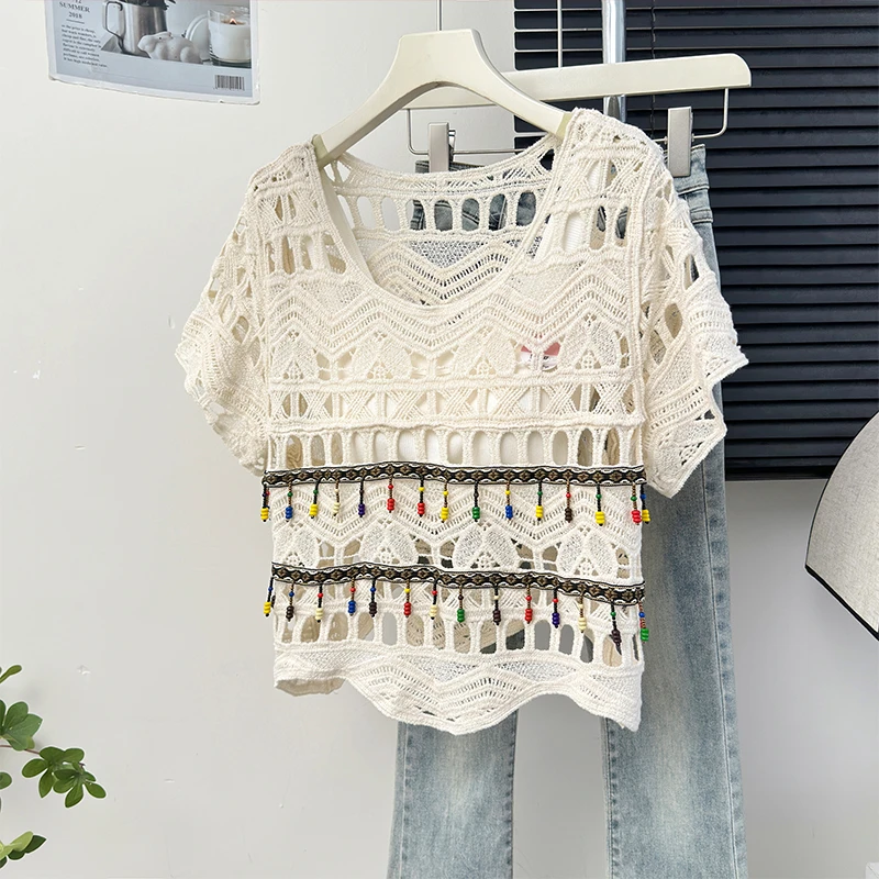民族风复古镂空勾花木珠流苏花边上衣女夏季设计感小众针织罩衫潮