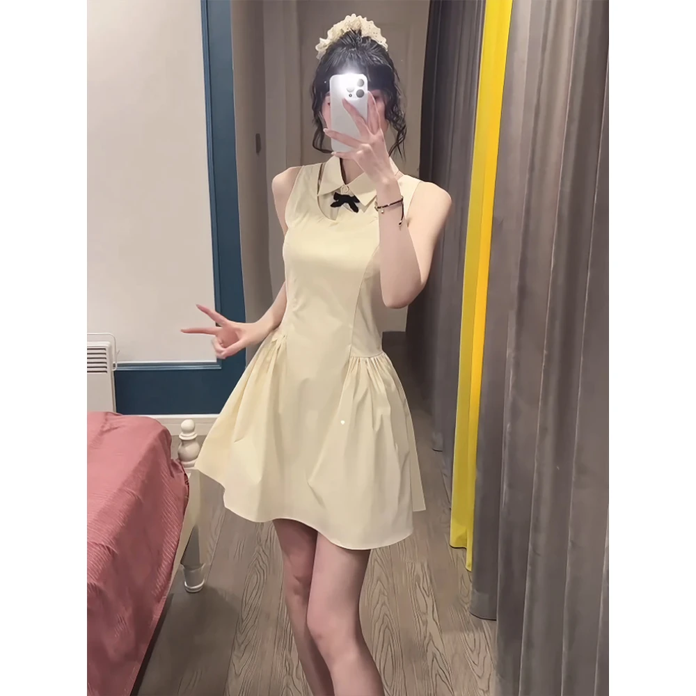 法式设计感收腰显瘦假两件无袖挂脖裙女夏季纯欲polo领a字连衣裙