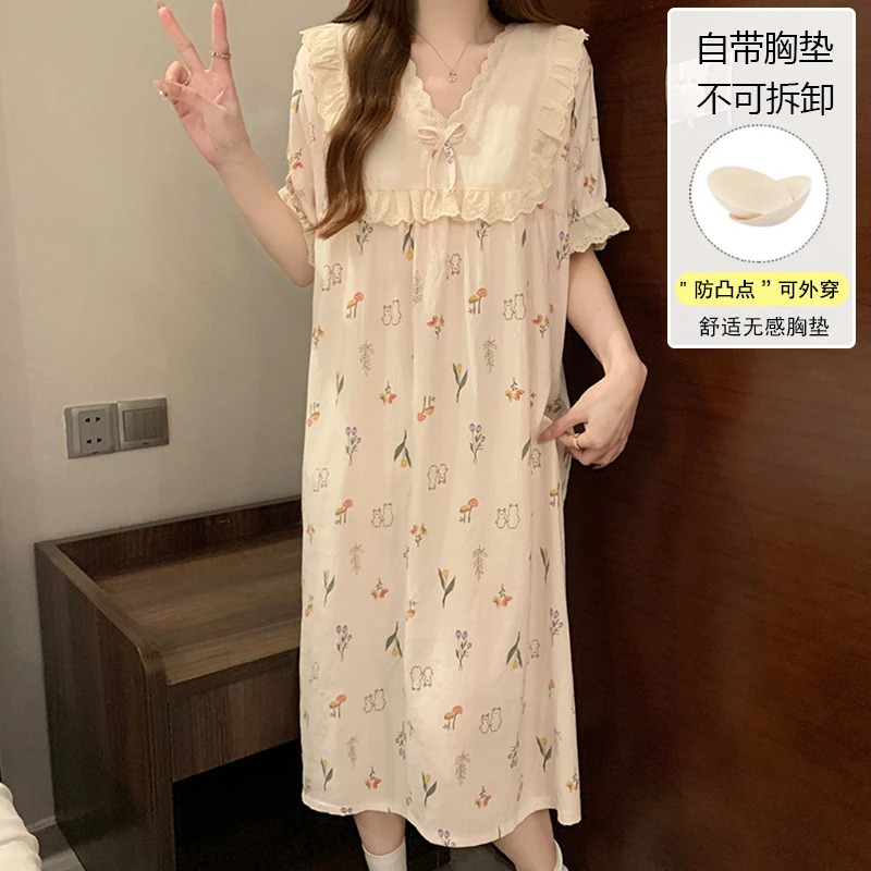 2025年夏季睡裙女款公主风甜美可爱小熊带胸垫日系中长款家居服裙