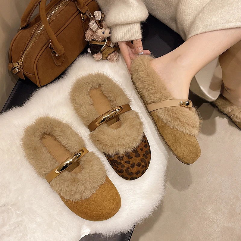 2025年新款秋冬豹纹毛毛鞋外穿女鞋子加绒棉鞋气质法式包头半拖鞋