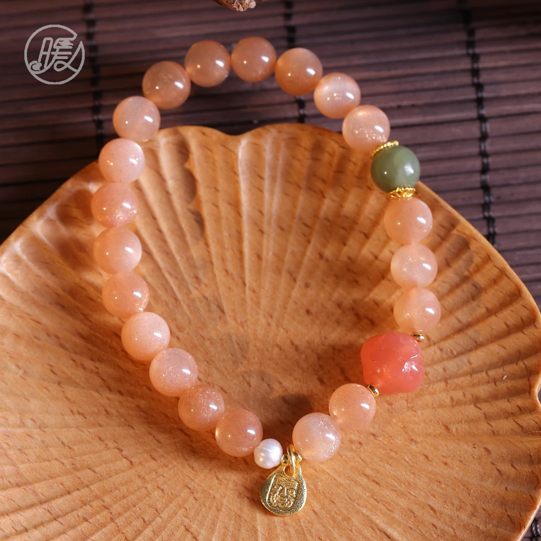 单圈长石手串7mm搭配玛瑙柿柿如意牌子吊坠手链D2999多样性发一