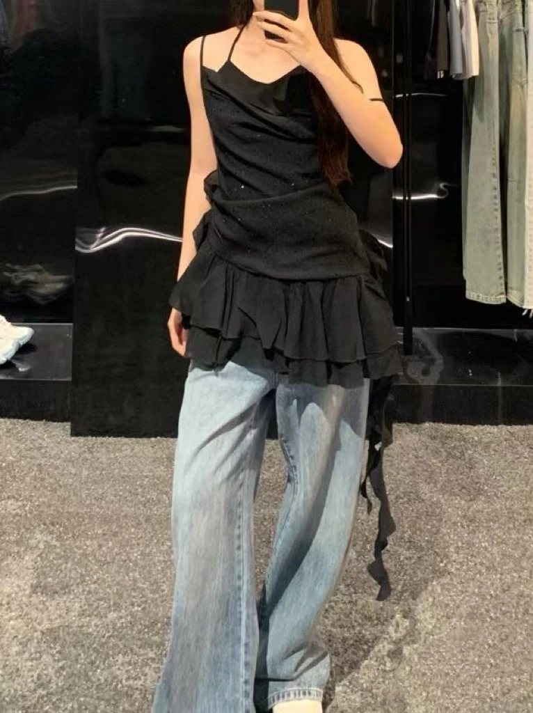 正确～ 原版定制烫钻吊带连衣烫钻假两件吊带裙拼接荷叶裙摆