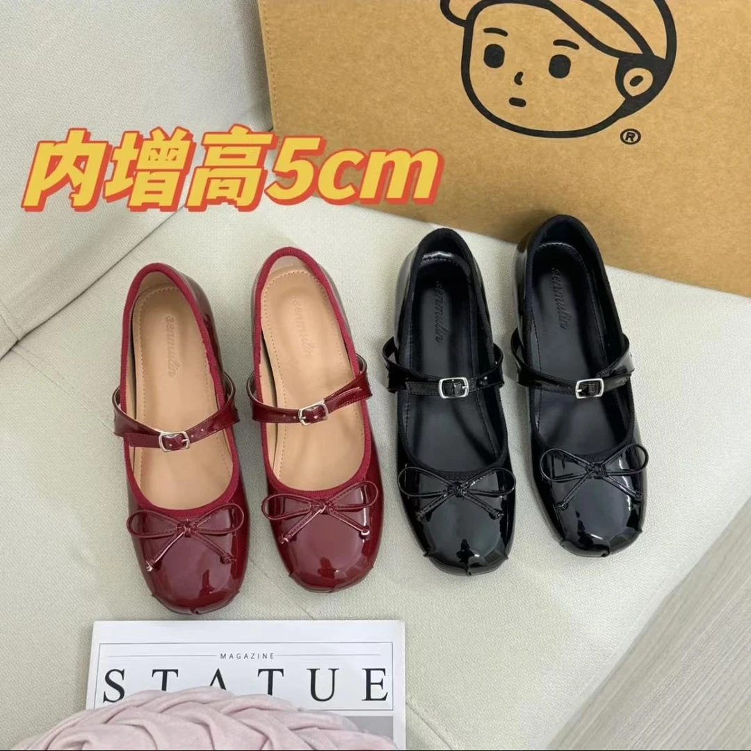 法式小个子内增高5cm玛丽珍鞋春秋蝴蝶结一字带芭蕾舞低跟单鞋女