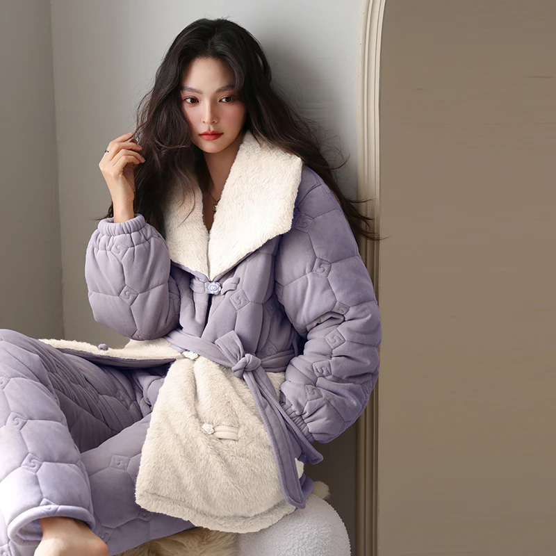 Sifuma/斯服玛《紫菱》睡衣女秋冬三层夹棉加绒加厚冬款家居服