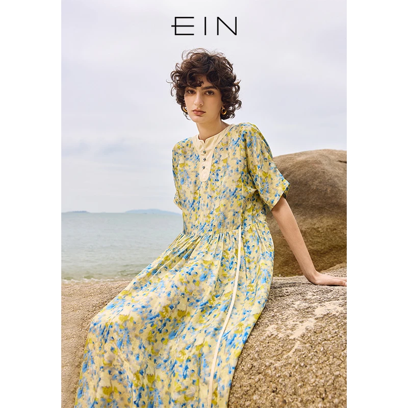 EIN/言【仲夏光蕴】艺术感浪漫剪影印花弧形领五分袖连衣裙女早春款