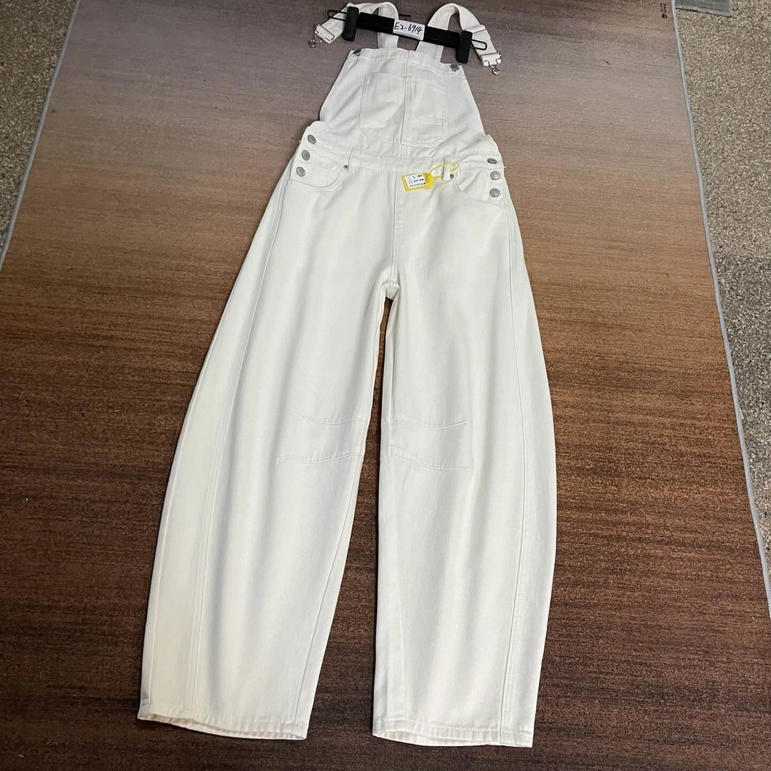 E2-6914 偏薄高货 白色美式个性超酷拼接弯刀背带裤 无弹（不换退）