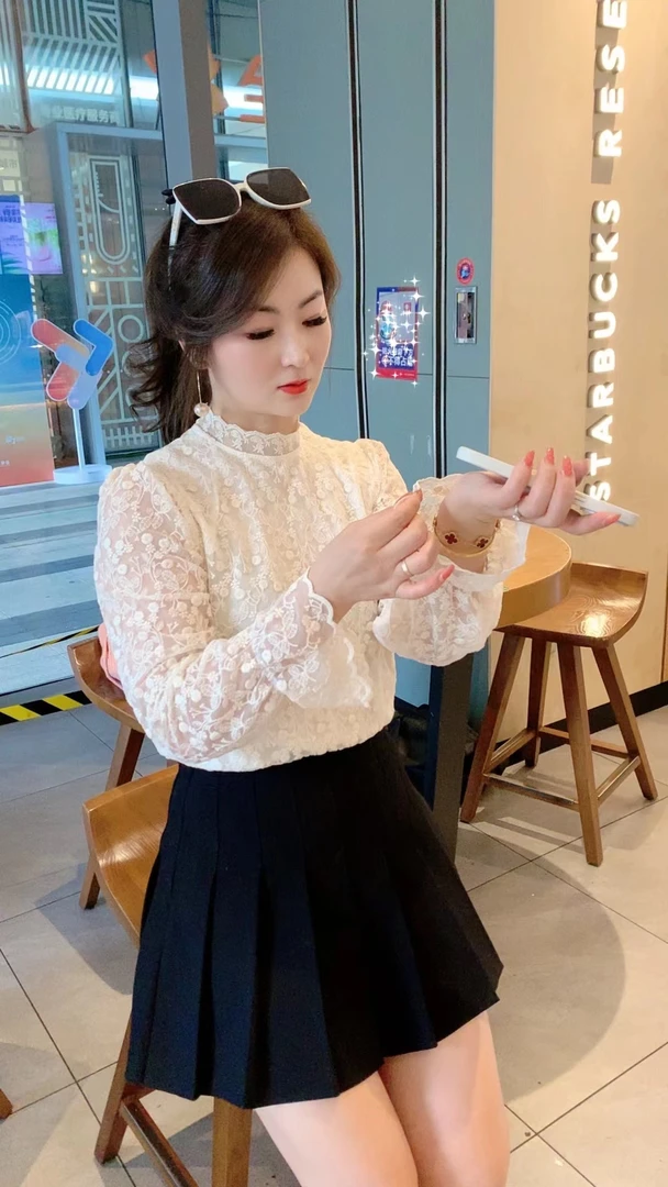 气质立领半高领木耳边纯色泡泡袖蕾丝打底衫百褶春秋秋冬小衫