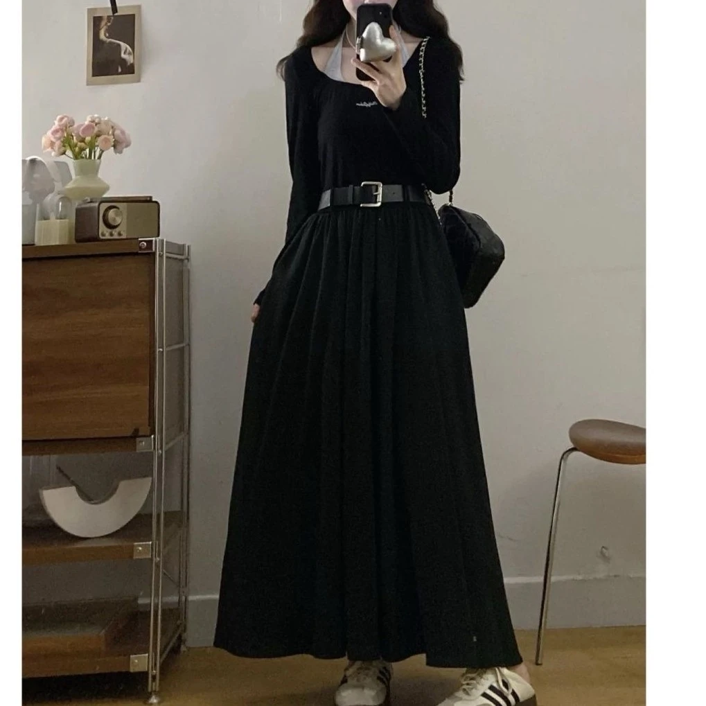 大码法式纯欲长袖拼接黑色假两件连衣裙女收腰气质高级感修身长裙