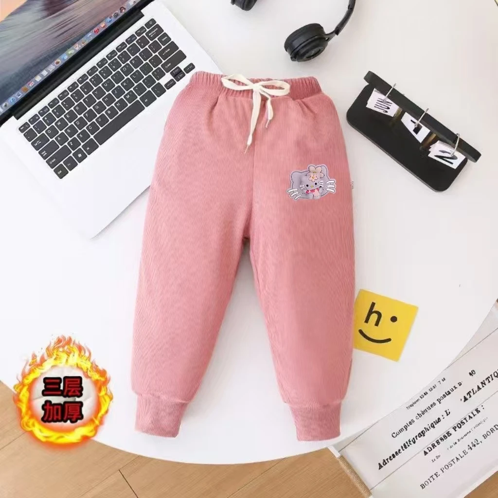 W009库洛米风新款加绒束脚长裤儿童男童女童秋冬款休闲运动裤