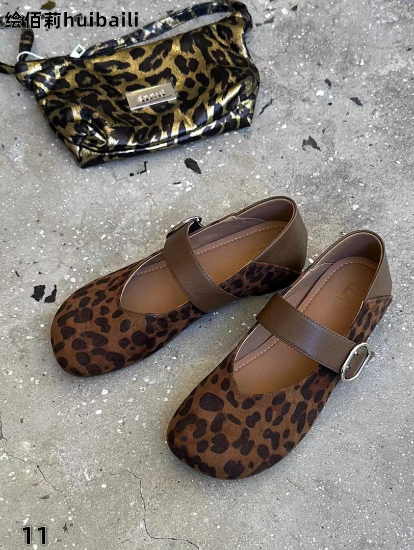 单鞋女士秋季浅口平跟圆头玛丽珍鞋女鞋豆豆鞋豹纹