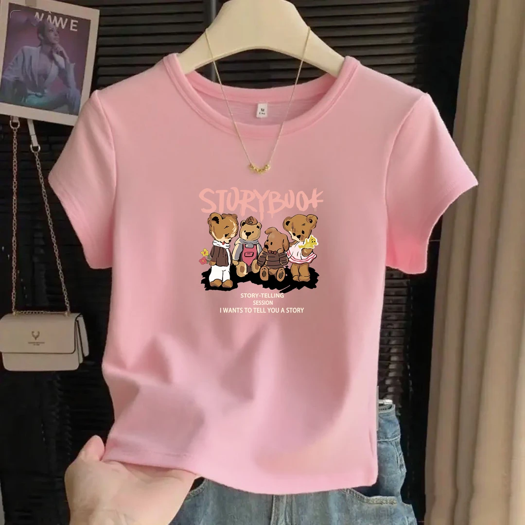 粉色正肩圆领短袖t恤女夏季可爱新款小个子体恤棉显瘦短款上衣