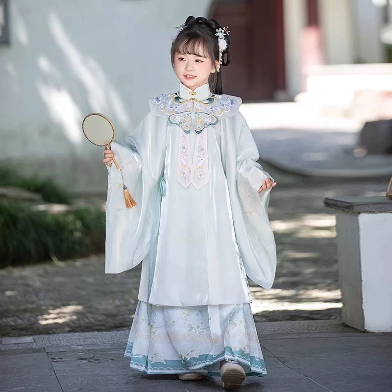 新款女童汉服明制广袖百褶裙套装儿童刺绣唐装春秋款国风日常简约