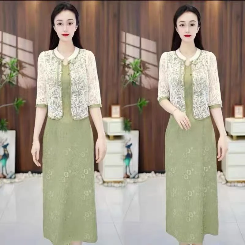 F186 2025新款新中式国风夏季时尚上衣+裙子两件套高级感妈妈套装