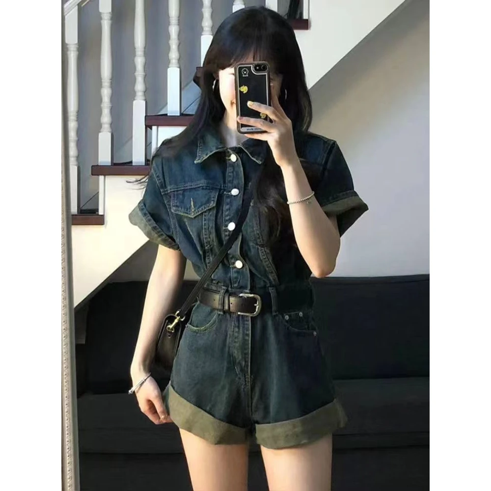 美式复古牛仔连体裤女夏新款设计感收腰显瘦时尚休闲一体短裤套装