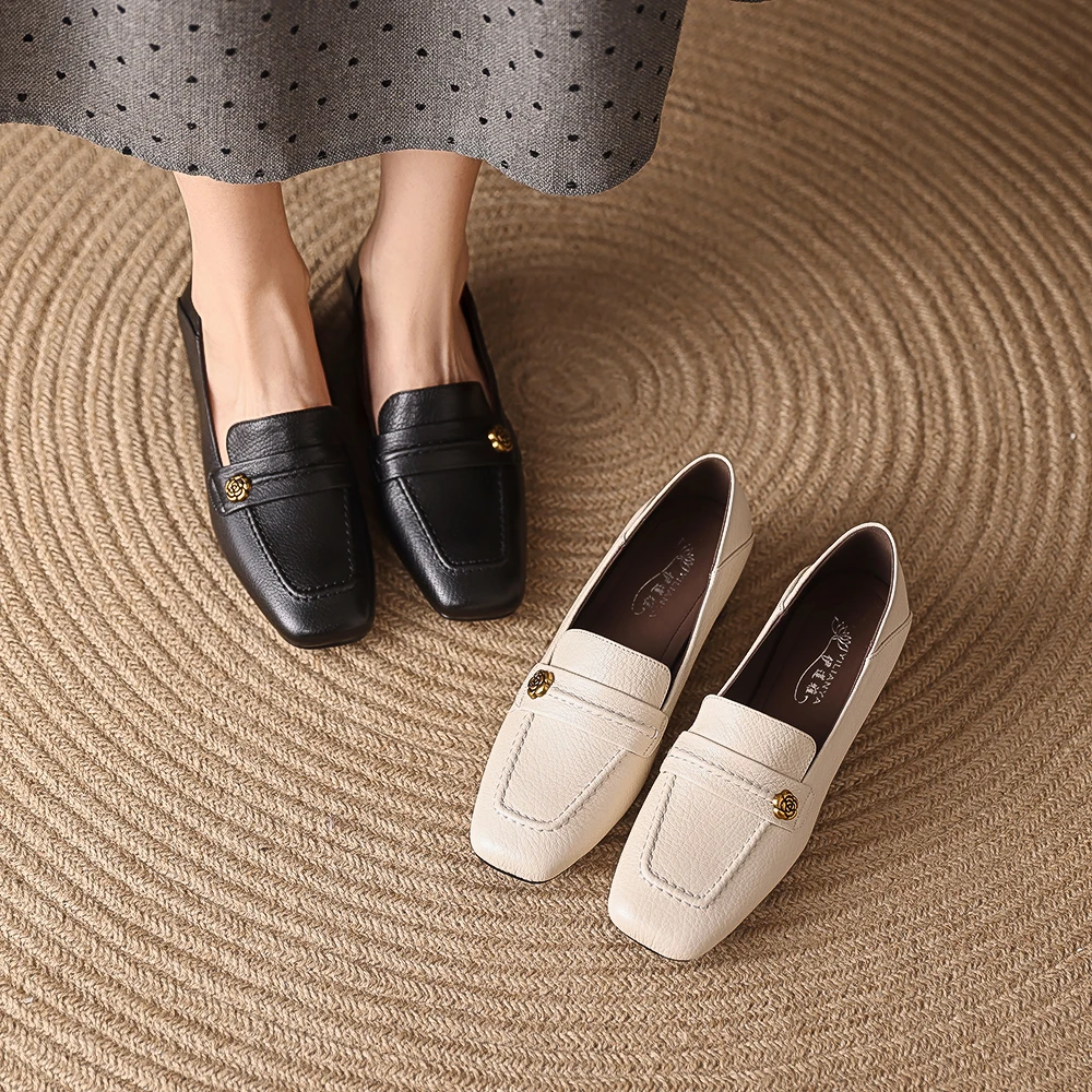 Y3125单鞋女春季新款羊皮粗跟中跟鞋方头白色真皮女鞋百搭