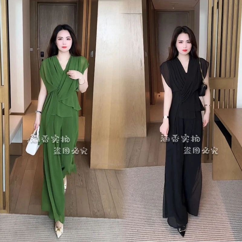 2025夏季新款短袖显瘦气质高腰垂感洋气套装女时尚休闲连体收腰