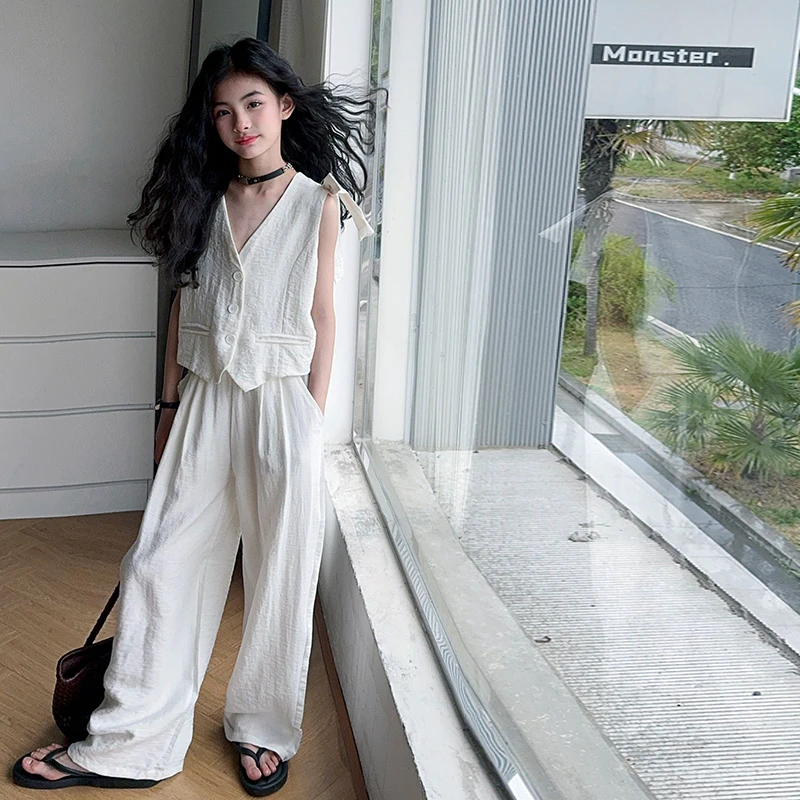 女童西装背心套装2025夏季新款大童阔腿裤薄款高级西服马甲两件套