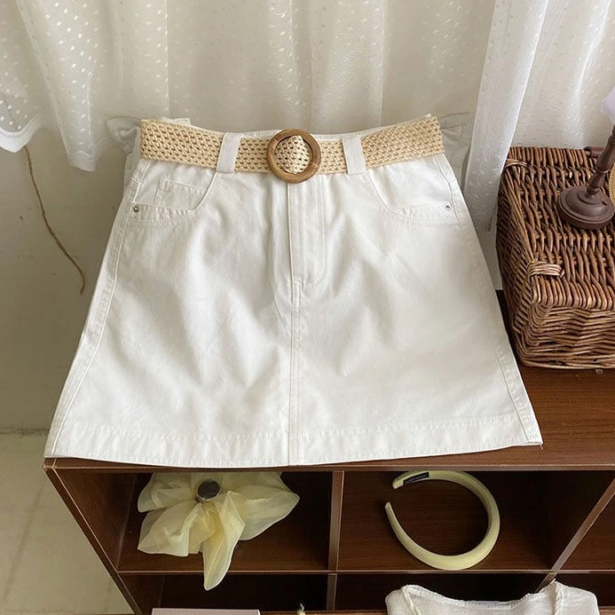 2025夏季法式编织腰带洗水白色A版短裙女夏高腰显瘦小众A字半身裙