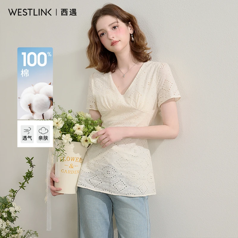 西遇镂空v领上衣女2025夏季新款热辣短款设计感白色法式短袖衬衫