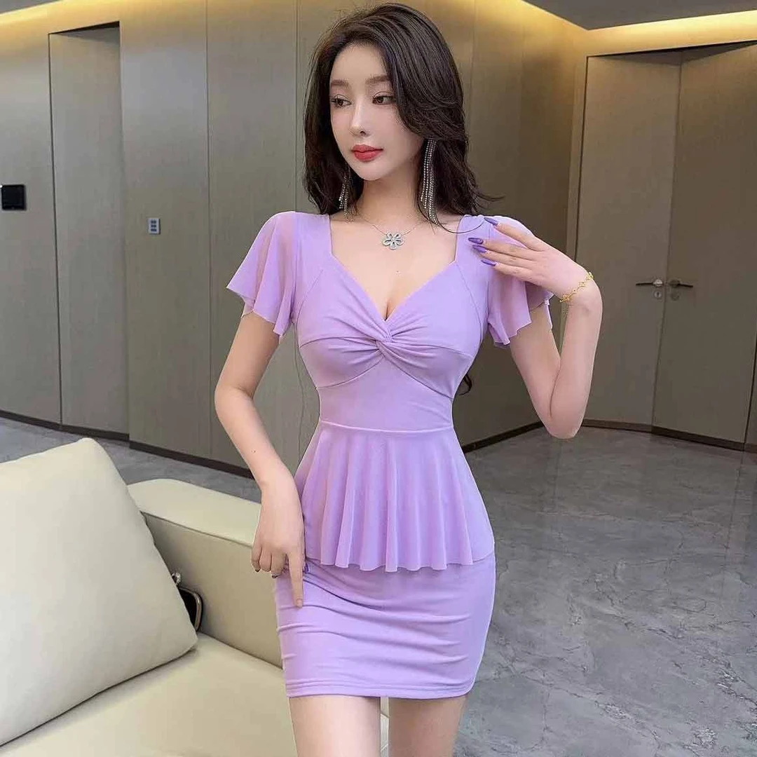 纯欲风性感低胸网纱假两件包臀连衣裙夜总店洗浴桑拿技师工作服女