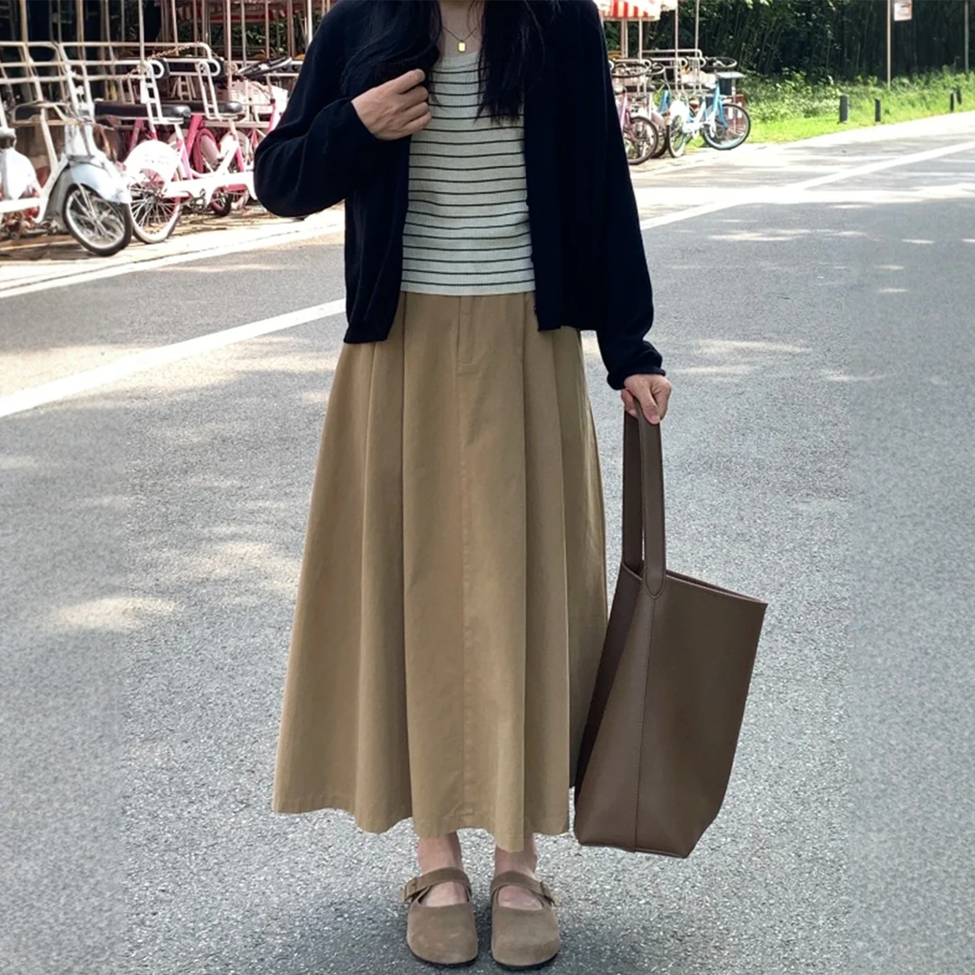 卡其色a字工装裙中长款大码女装秋季新款梨形身材遮胯显瘦半身裙