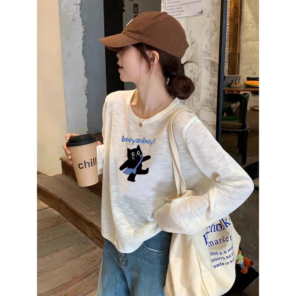 美式卡通印花长袖T恤女2025夏季新款宽松百搭休闲防晒罩衫短上衣
