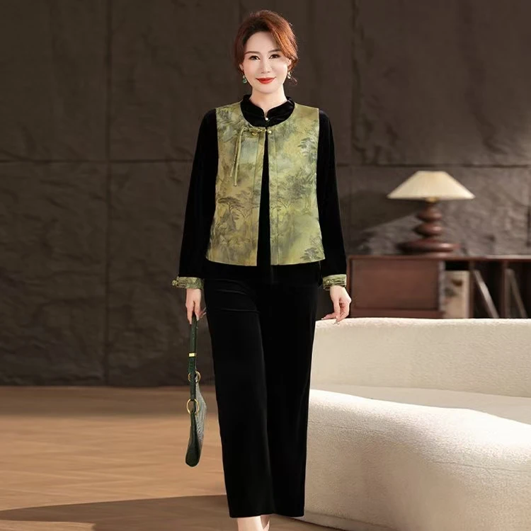 #693春秋款休闲风宽松型常规中老年女装中式百搭复古休闲三件套