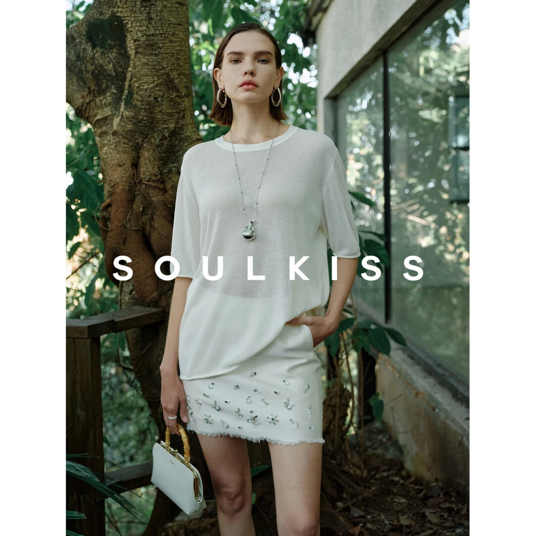 SOULKISS刚需必入 显瘦纸片人亚麻微透卷边宽松针织短袖T恤