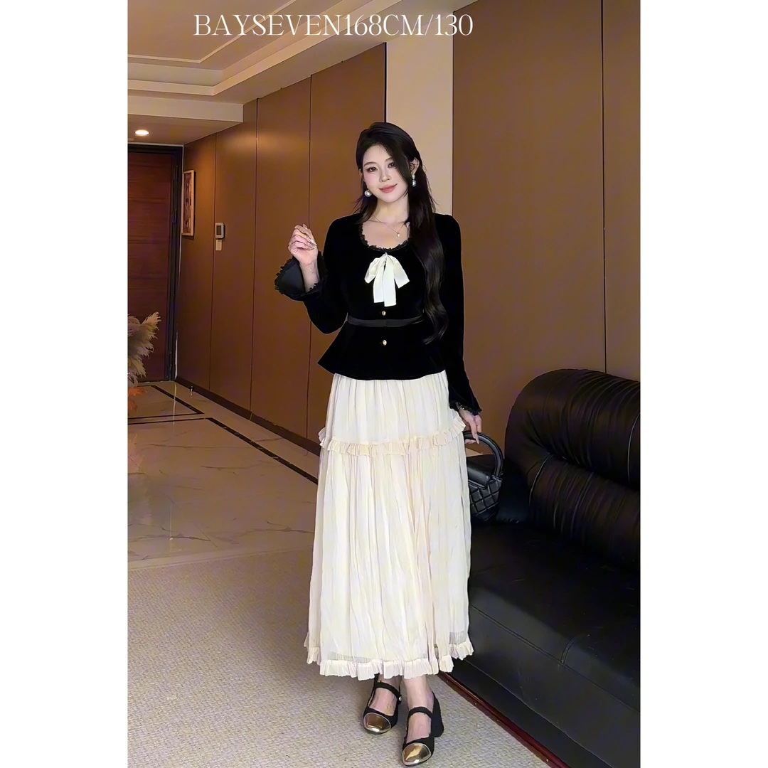 白77-大码女装重工宫廷风显瘦丝绒外套上衣高腰重工半裙13706