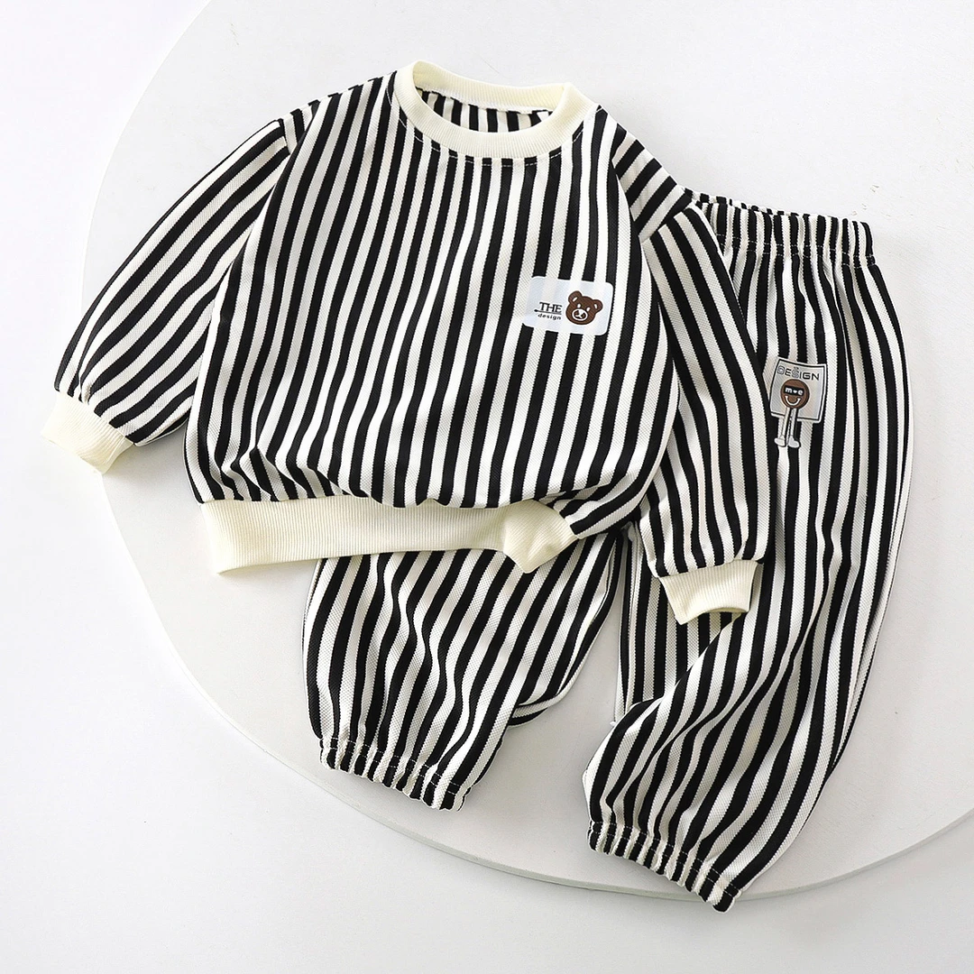 春季新款儿童条纹卫衣卫裤套装休闲时尚洋气百搭男女童卫衣套装