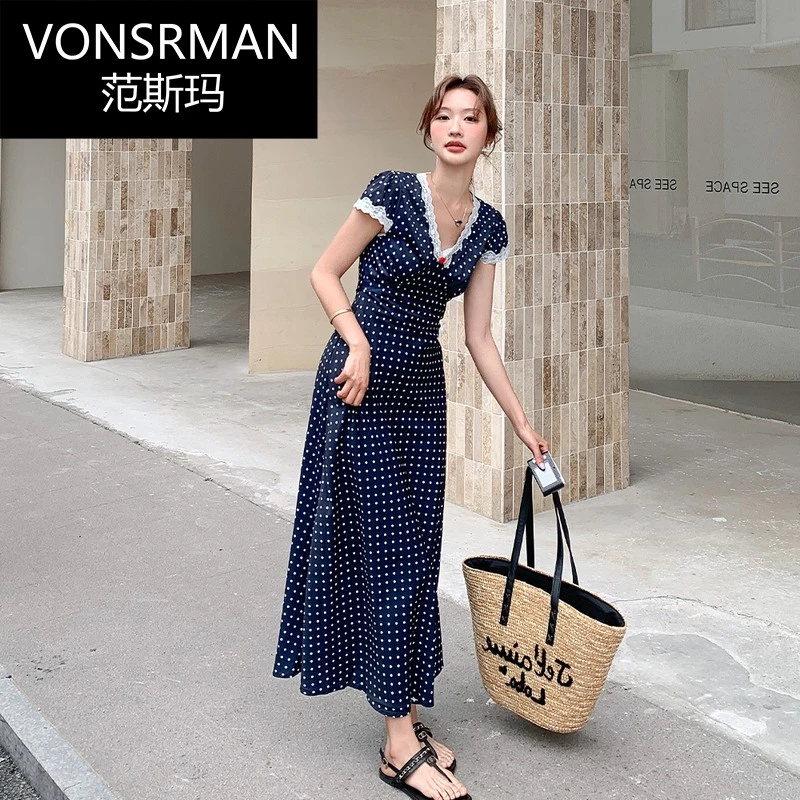 深蓝色蕾丝拼接波点连衣裙女夏季法式轻熟风气质收腰显瘦A字裙子