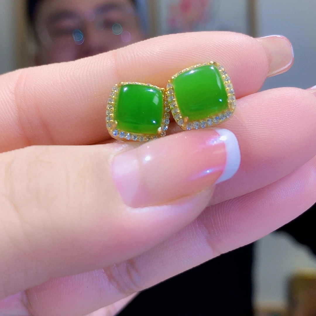 和田玉（碧玉）耳饰银S925镀金镶嵌