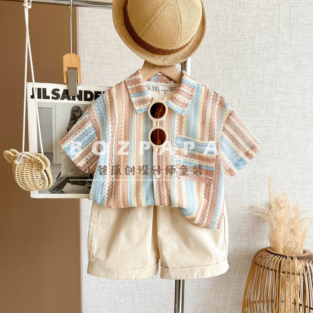 啵小爸【焦糖织梦】2025夏季男童韩系休闲条纹编织感镂空衬衫套装