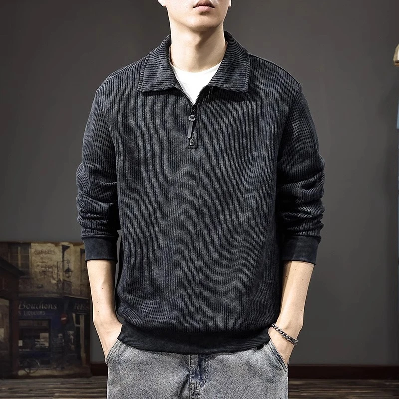 U&PURA春季新款重磅扎染polo领卫衣男美式肌理感宽松半拉链上衣